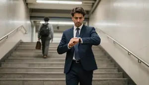 Businessman Checking His Watch While Rushing Down A Subway Station Staircase