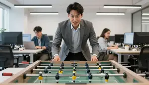 Businessman Playing Foosball In A Tech Office Against A Cheering Intern