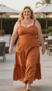 Caucasian Woman In Her 40s With Very Fat With Blonde Wavy Hair Wearing Burnt