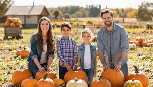 Cheerful Family Sorting Through Pumpkins At A Rustic Autumn Patch