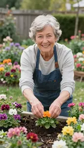 Cheerful Senior Woman Gardening In Her Vibrant Backyard Flower Bed