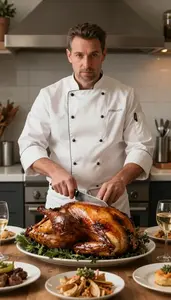 Chef Carving Turkey At Thanksgiving Dinner Table
