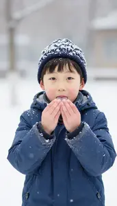 Child Catching Snowflakes On Tongue In Winter