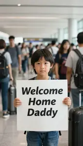 Child Holding A Welcome Home Daddy Sign At A Busy Airport