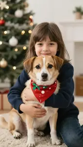 Child Hugging Dog Dressed In Holiday Bandana