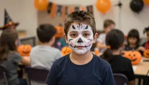 Child With Face Paint At Halloween School Party