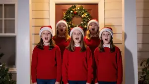 Children Singing Carols At Neighbors Doorstep