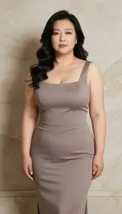 Chinese Mature Woman With Buxom Figure With Jet Black Wavy Hair Wearing Taupe