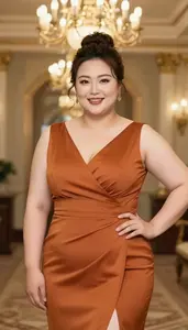 Chinese Woman In Her Mid 30s With Heavy With Brunette Bun Updo Wearing Burnt