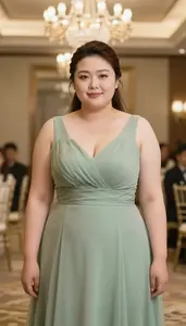 Chinese Woman In Her Mid 20s With Fat With Brunette Sleek Ponytail Wearing Sage