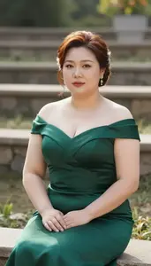 Chinese Woman In Her Mid 30s With Heavy With Auburn Elegant Updo Wearing Emerald