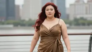Chinese Woman In Her Mid 30s With Generous Figure With Red Long Flowing Hair
