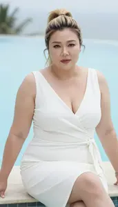 Chinese Woman In Her 40s With Extra Fat With Blonde High Ponytail Wearing White