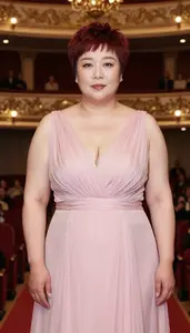 Chinese Woman In Her 40s With Extra Fat With Red Short Pixie Cut Wearing Soft