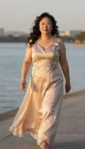 Chinese Woman In Her 50s With Obese With Jet Black Victory Rolls Wearing Orchid