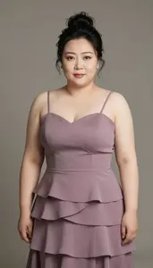 Chinese Woman In Her 40s With Fat With Jet Black Messy Bun Wearing Mauve Tiered