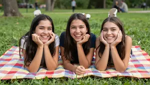 Close Friends Laughing While Lying On A Colorful Picnic Blanket