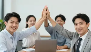 Colleagues Celebrating A Success With A High Five In The Office