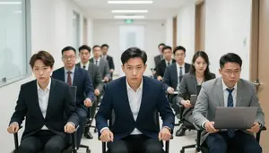 Colleagues Competing In A Fierce Office Chair Race Down A Hallway