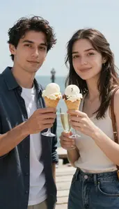 Couple Clinking Ice Cream Cones Instead Of Champagne Glasses On A Pier