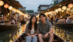 Couple Exploring A Lantern Lit Floating Market On A Wooden Boat