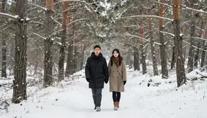 Couple Holding Hands And Walking Through A Quiet Snowy Pine Forest