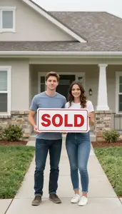 Couple Holding A Sold Sign In Front Of Their First House
