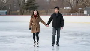 Couple Ice Skating Together Hand In Hand On A Frozen Outdoor Rink