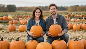 Couple Picking Pumpkins At Autumn Farm
