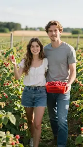 Couple Picking Raspberries On A Sunny Farm Date Afternoon Activity