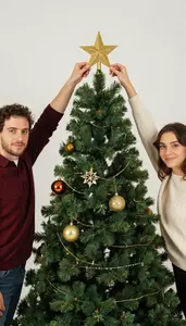 Couple Putting A Star On Top Of Their First Christmas Tree