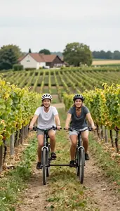Couple Riding A Tandem Bicycle Through A Quaint Vineyard Countryside