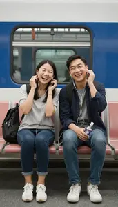 Couple Sharing Earphones And Laughing While Waiting For A Train