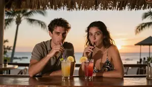 Couple Sipping Cocktails At A Tiki Bar Watching A Tropical Sunset