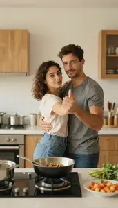 Couple Slow Dancing In The Kitchen While Cooking Dinner Together