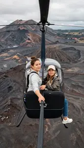 Couple Taking A Scenic Helicopter Tour Over A Volcanic Crater Landscape