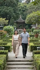 Couple Walking A Labyrinth Together In A Peaceful Meditation Garden