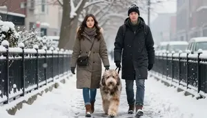 Couple Walking A Large Fluffy Dog Through A Snow Covered City Sidewalk