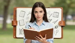 Creative Woman Sketching Design Ideas In A Leather Bound Notebook Outdoors