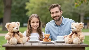 Dad And Daughter Having A Tea Party With Teddy Bears Outside