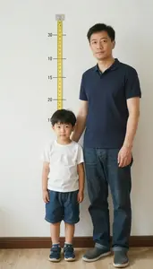 Dad Measuring His Little Sons Height With Pencil Marks On Wall