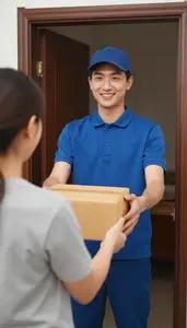 Delivery Person Handing A Parcel To A Happy Customer At The Door
