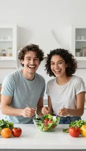 Diverse Couple Laughing And Making A Healthy Salad In A Bright Kitchen