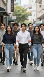 Diverse Group Of Friends Linking Arms Walking Down A City Street