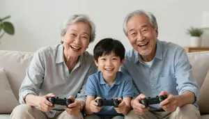 Elderly Couple Laughing While Playing A Video Game With Their Grandson