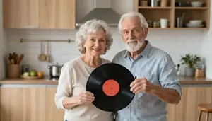 Elderly Couple Slow Dancing In The Kitchen To A Vinyl Record