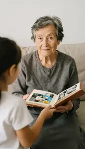 Elderly Woman Showing A Photo Album To Her Curious Granddaughter