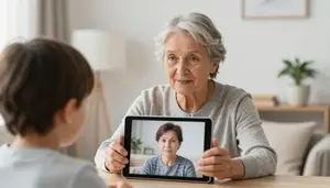 Elderly Woman Video Calling Her Grandchild On A Tablet Device