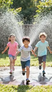 Energetic Children Running Through A Sprinkler In The Backyard On Summer Day