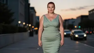 European Mature Woman With Plump Figure With Auburn Sleek Ponytail Wearing Sage